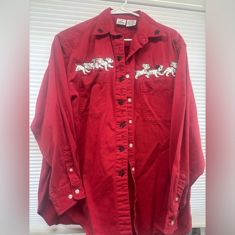 The Disney Store XL Vintage 101 Dalmatians Red Button Up. Hong Kong 100% Cotton
